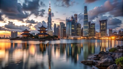 Naklejka premium A stunning cityscape with a traditional pagoda in the foreground, the iconic skyline is reflected in the water.