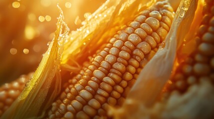 Corn Cob Close-Up with Golden Hues and Dew Drops