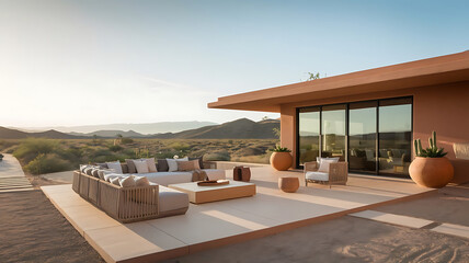 Fototapeta premium Desert Oasis: Modern Home with Stunning Mountain Views Modern Patio with Mountain Views