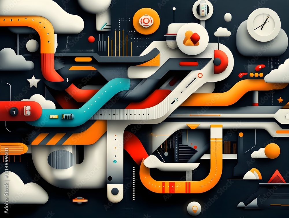 Poster visually striking abstract expressionist depicting a complex interconnected smart transportation net