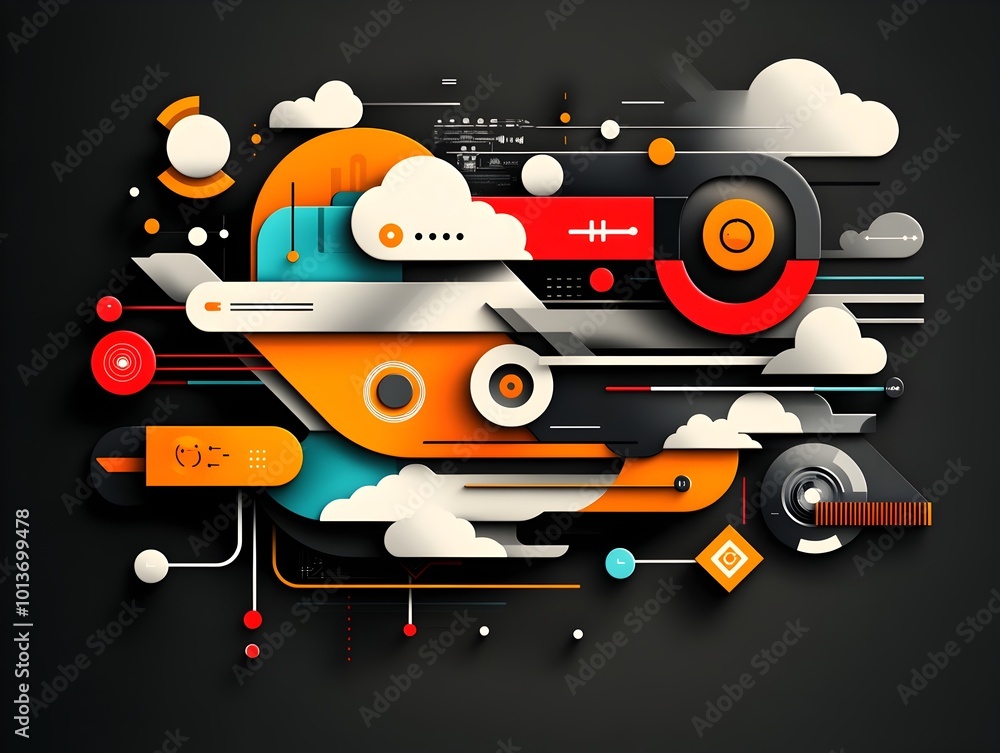 Poster vibrant expressionist depicting a complex interconnected smart transportation network composed of bo