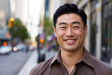 Obraz premium Young Asian man stands confidently on city street, smiling directly at camera. Brown shirt, hands in pockets, amidst cityscape with buildings and cars. Focal point is man joyful expression.