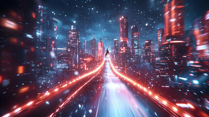Fototapeta premium 3D Glowing Skier Jumping Over Radiant Neon Bridge in Futuristic Winter Cityscape - Energetic Winter Sports Scene for Event Promotion