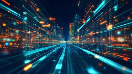 Digital technology metaverse with neon blue and green background, cyber information, abstract speed connect communication, and retro city future meta tech