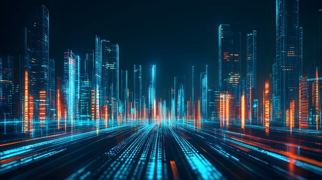 Digital technology metaverse with neon blue and green background, cyber information, abstract speed connect communication, and retro city future meta tech