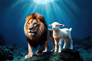 Gallant Lion and Peaceful Lamb Radiating from an Abyssal Background