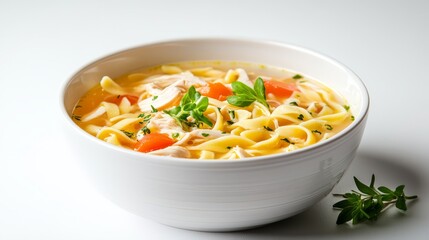 Close up of bowl with chicken noodle soup