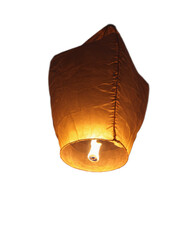 Illuminated paper lantern floating in the dark sky, commonly associated with celebrations like Loy Krathong and Yi Peng in Thailand. The transparent background makes it perfect for design projects.

