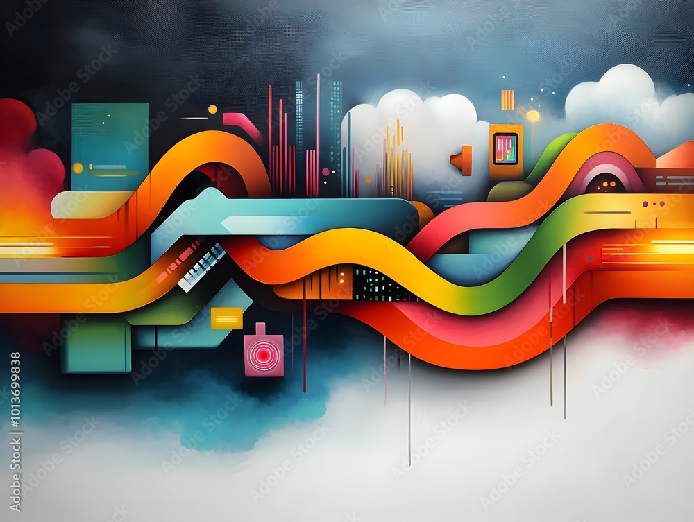 Poster abstract expressionist interpretation of a smart city s interconnected transportation web with a tan