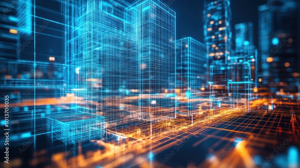 Poster futuristic cityscape with digital elements and glowing lines representing technology and innovation.