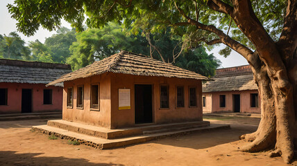Ancient Indian school or mud house sits under warm sunlight, surrounded by two other mud houses & large trees. Shadows of the mud houses create a serene atmosphere in this rustic, traditional setting.