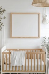 A nursery room showcases a wooden crib adorned with a blank frame on the wall, with soft sunlight filtering through.
