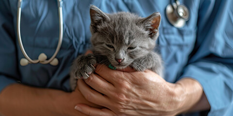 A pet owner cradling their injured grey kitten in their arms while a vet provides reassurance and treatment, showcasing the emotional bond between humans and animals.