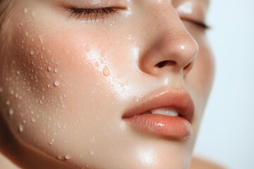A woman showcases her glowing skin with water droplets, emphasizing a healthy skincare routine and natural beauty. Generative AI