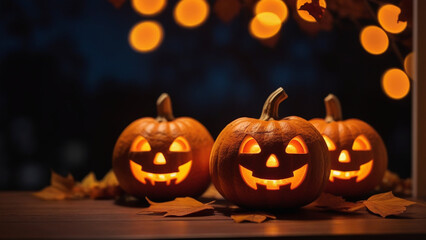 Fototapeta premium Background with halloween pumpkins, candles and autumn leaves on the wooden house porch