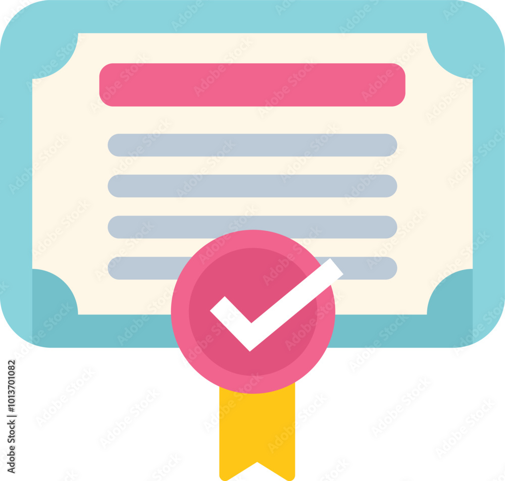 Poster digital illustration of a certified document with an approved guarantee check mark icon, depicting c
