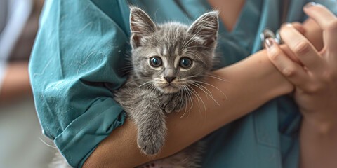 A pet owner cradling their injured grey kitten in their arms while a vet provides reassurance and treatment, showcasing the emotional bond between humans and animals.