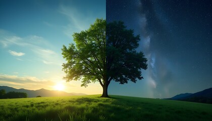 Tree split between day and night under starry sky and sunrise.