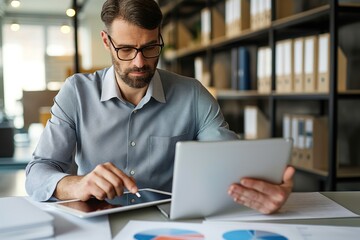 Man works seriously at office desk with tablet computer. Blue shirt, glasses, reading document, fingers typing on screen. Cluttered workspace with papers, book, mouse, busy office environment.
