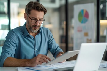 Fototapeta premium Man works in modern office setting. Businessman seated at desk in front of window with natural. Wears blue shirt, glasses, focused on laptop with graph on screen. Desk gray carpet, white walls.