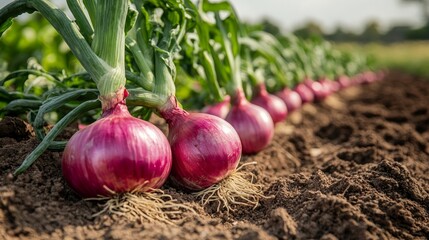 A close-up shot of red onions growing in a row in a field.