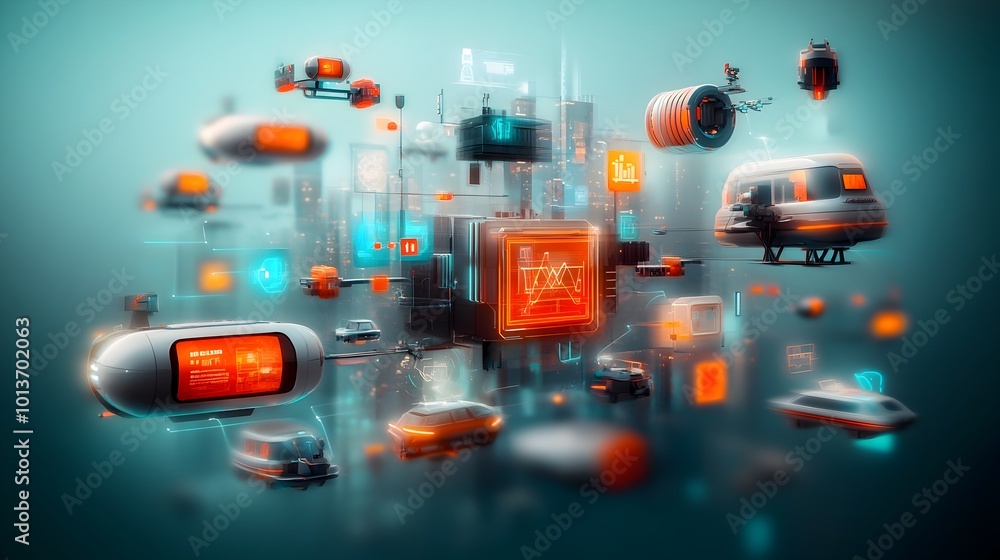 Poster a dynamic abstract image showcasing a futuristic smart city transportation system bustling with floa