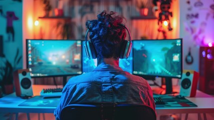 Back view of a young man gaming on a PC desktop computer with multiple monitor display screens on the table