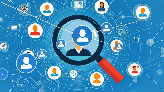 HRM or Human Resource Management, Magnifier glass focus to manager icon which is among staff icons for human development recruitment leadership and customer target. resume, interview.