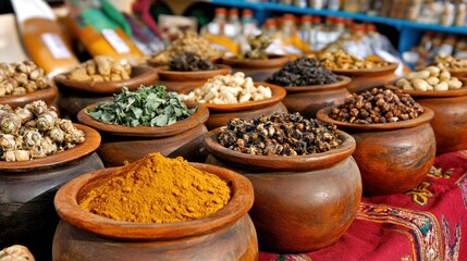 Fototapeta premium A vibrant market features an assorted selection of spices displayed in clay pots. Bright colors like yellow turmeric and green herbs create an inviting atmosphere for shoppers