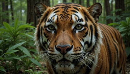 Close-up of Bengal tiger in lush forest staring intensely.