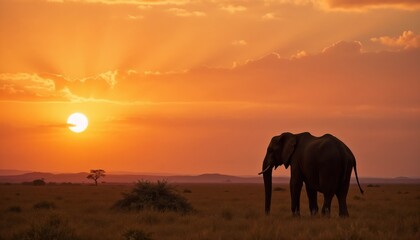 Elephant walking on dusty path at sunset in African savanna.