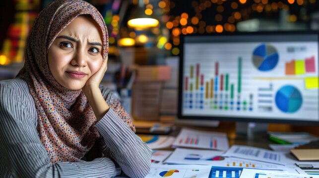 A woman wearing a headscarf appears worried as she reviews various charts and reports at her cluttered desk, illuminated by warm lights and her computer screen in a cozy workspace
