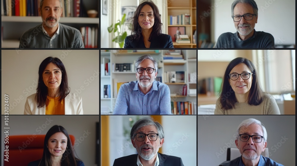 Poster a team of nine professionals is actively participating in a video conference, collaborating from var