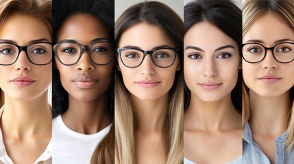 Obraz premium Five women with different hair types and colors pose together, each wearing stylish glasses