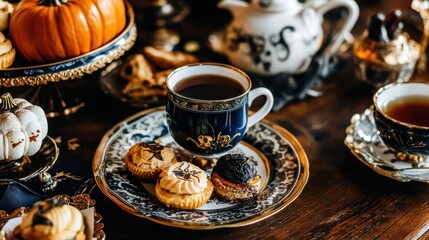 Fototapeta premium Spooky Halloween Tea Party Setup with Treats