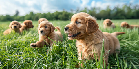 A litter of adorable golden retriever puppies playing in a grassy field, supervised by a responsible breeder who ensures their health and happiness.