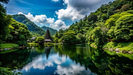 A serene temple nestled amongst lush greenery and a tranquil lake with a reflection of the sky and clouds.