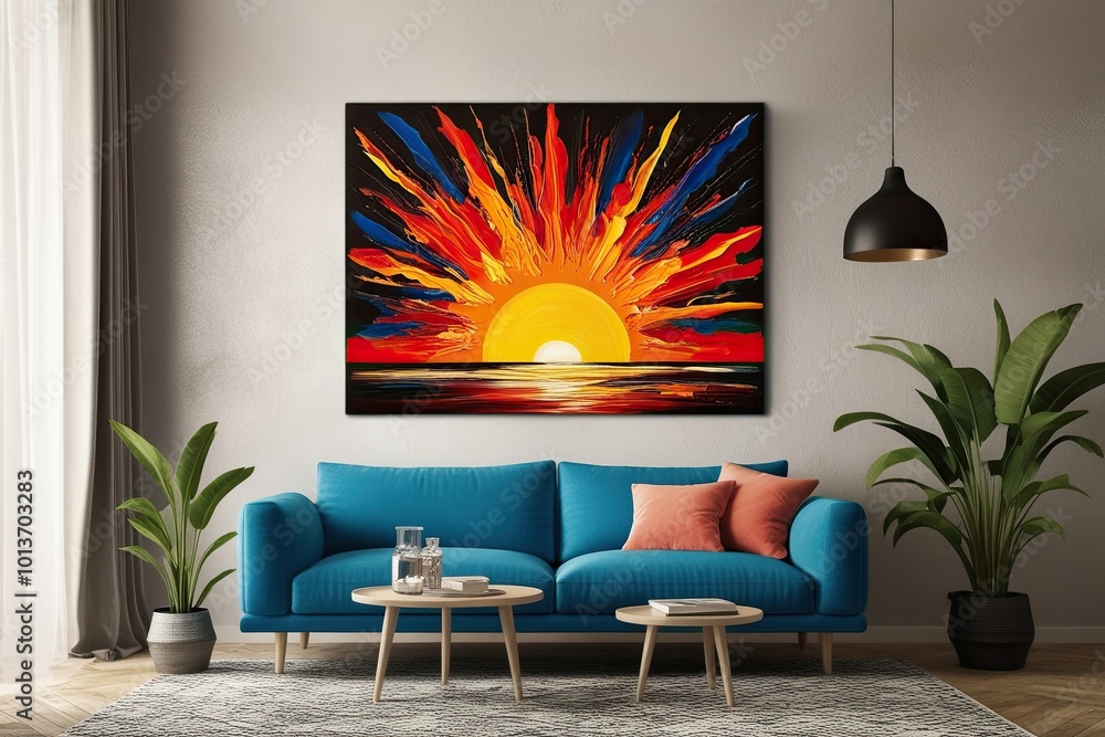 Poster vibrant sunset painting with dynamic color splash on transparent canvas