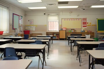 Fototapeta premium Empty elementary school classroom with gray floor, white walls, and blackboard. Desks and chairs in U-shape, window with white curtains, natural light. No students or teachers present.