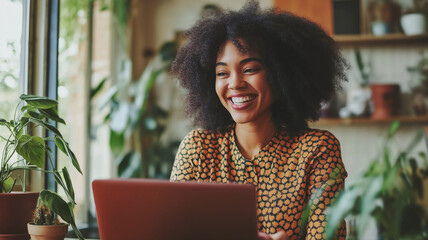 woman in a stylish home office, smiling at her laptop while on a video call, representing connectivity and collaboration in telework,