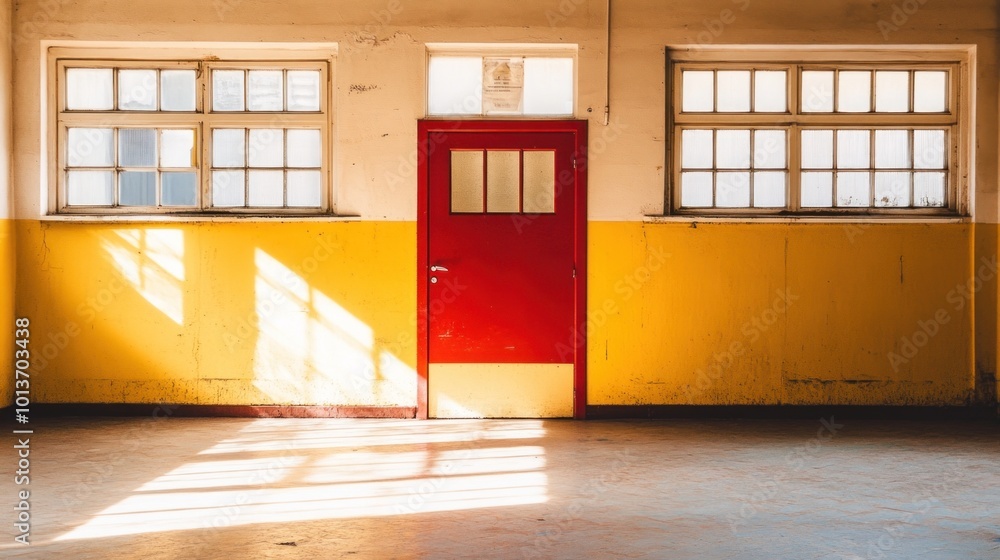 Poster natural light filters through large windows, illuminating a striking red door set against a yellow w