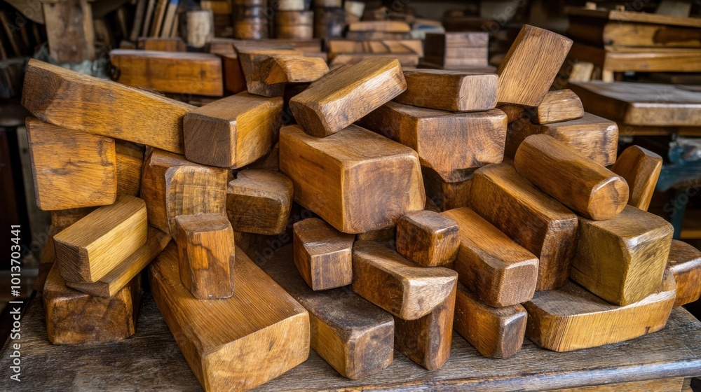 Aufkleber various handcrafted wooden blocks are stacked in a rustic workshop, showcasing a range of shapes and