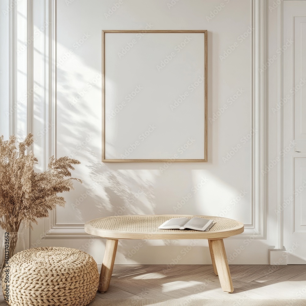 Poster elegantly simple interior boasts an empty picture frame mounted on pristine white walls with natural