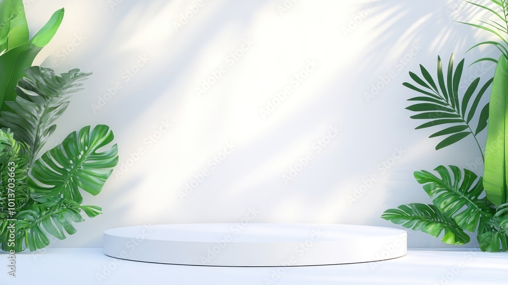 Poster the setting features a clean white backdrop with a circular platform at the center, surrounded by vi