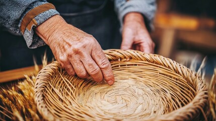 A skilled artisan carefully weaves a straw basket using intricate techniques at a local market, showcasing traditional craftsmanship among rustic elements