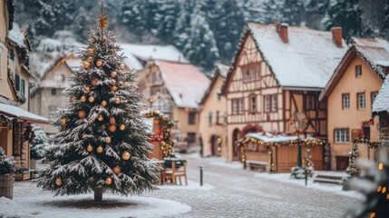 Fototapeta premium Christmas tree in a small village square surrounded by old-fashioned cottages.