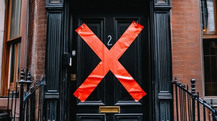 A prominent red cross is affixed to the front door of a city apartment building, indicating closure. The surrounding area suggests an urban neighborhood during a sunny day