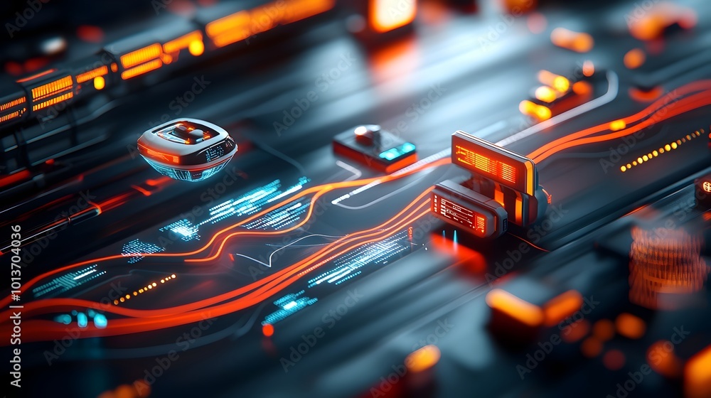Poster experimental abstract image capturing the dynamic nature of a futuristic smart transit network featu