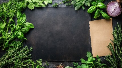 A variety of fresh herbs and greens, including basil and mint, are laid out on a black stone surface, accompanied by a piece of kraft paper for notes or recipes