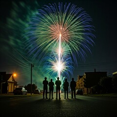 Silhouettes of Friends Watching Fireworks Show. A group of five friends stand silhouetted against a...